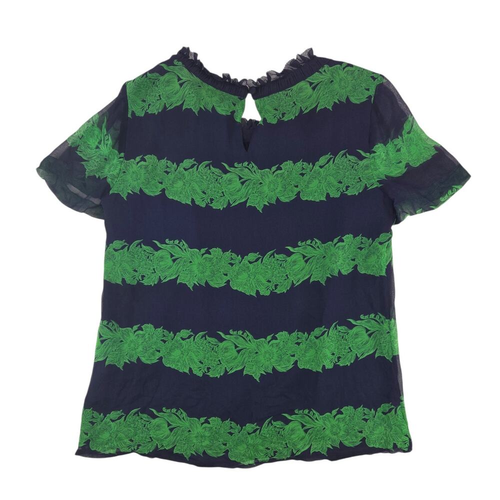 J.Crew | Navy & Green 100% Silk Ruffle Neck Shirt | Size 2 - Picture 6 of 7